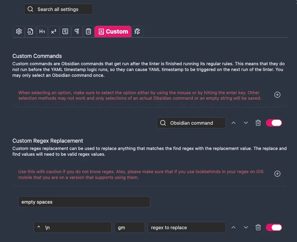Obsidian Linter custom regex configuration removing four-space blank lines after paste