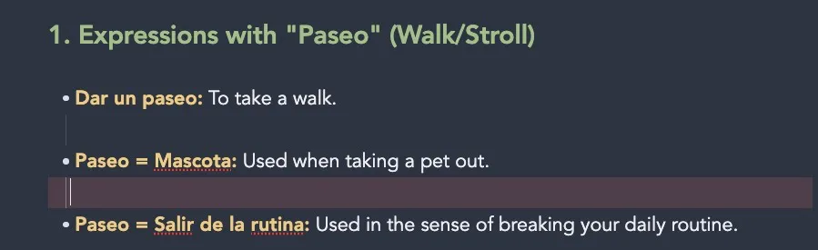 Obsidian note showing pasted list content with unwanted spacing caused by leading spaces