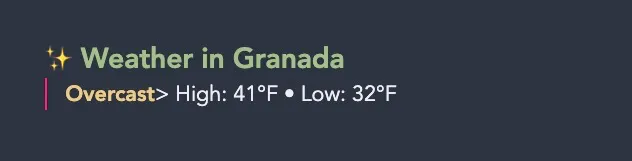 Templater weather output in an Obsidian daily note showing icon, condition, and high/low temperature